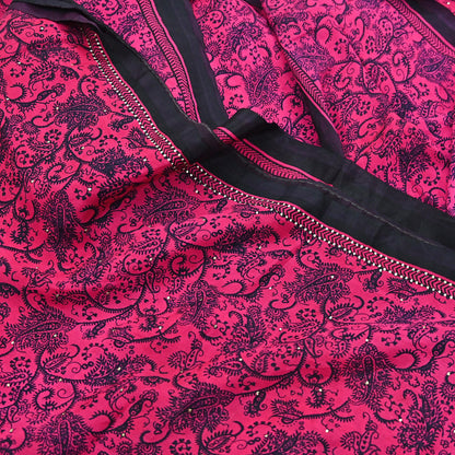 Indian Vintage Pink & Black Pure Silk Printed Mukesh Work Saree 6Yards Soft Fabric for Dressmaking, Quilting, Crafting, Sewing, Dress Making