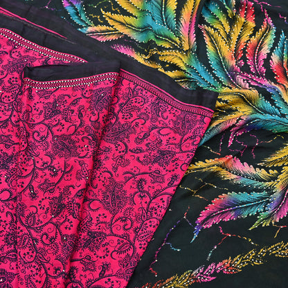 Indian Vintage Pink & Black Pure Silk Printed Mukesh Work Saree 6Yards Soft Fabric for Dressmaking, Quilting, Crafting, Sewing, Dress Making