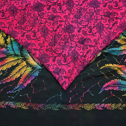 Indian Vintage Pink & Black Pure Silk Printed Mukesh Work Saree 6Yards Soft Fabric for Dressmaking, Quilting, Crafting, Sewing, Dress Making