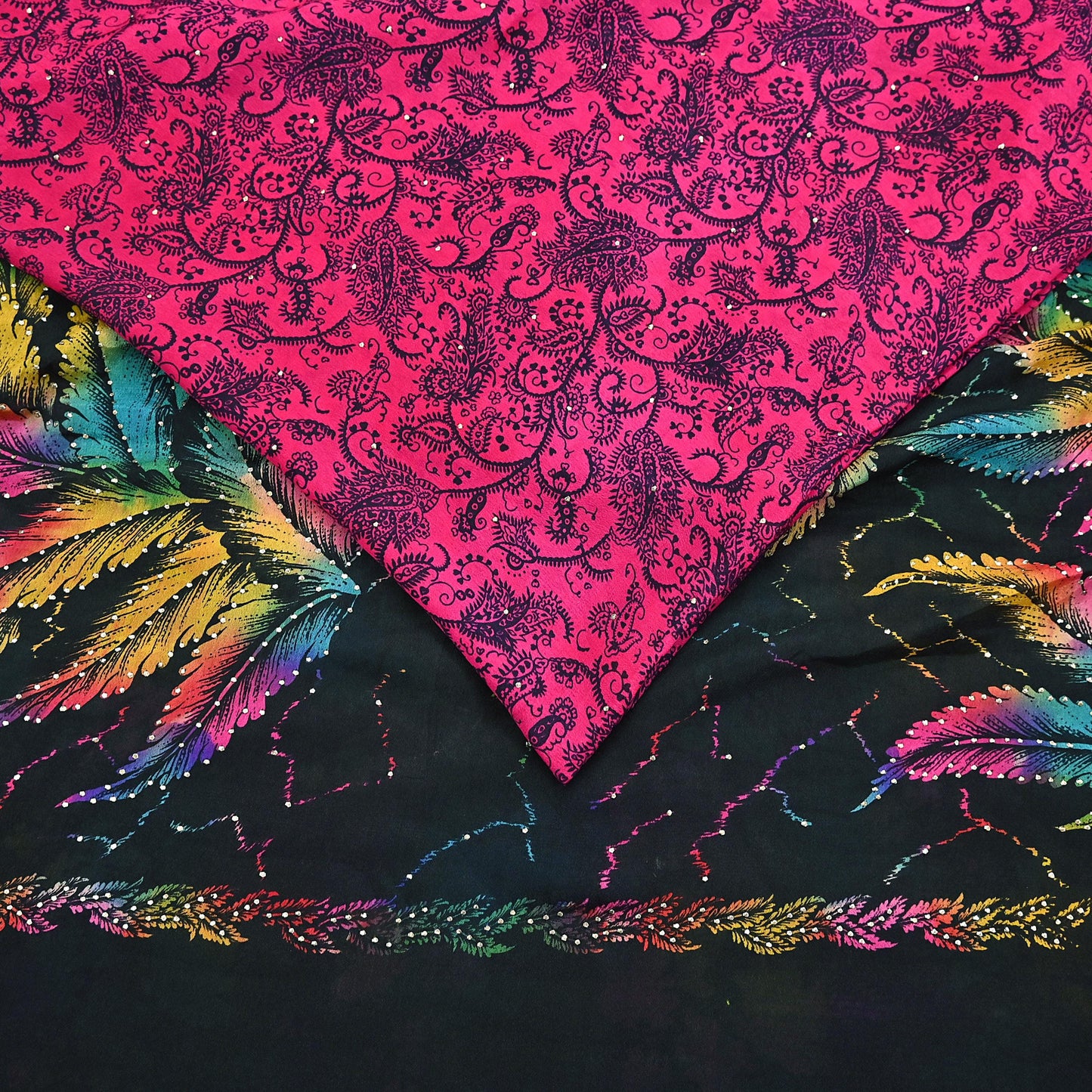 Indian Vintage Pink & Black Pure Silk Printed Mukesh Work Saree 6Yards Soft Fabric for Dressmaking, Quilting, Crafting, Sewing, Dress Making