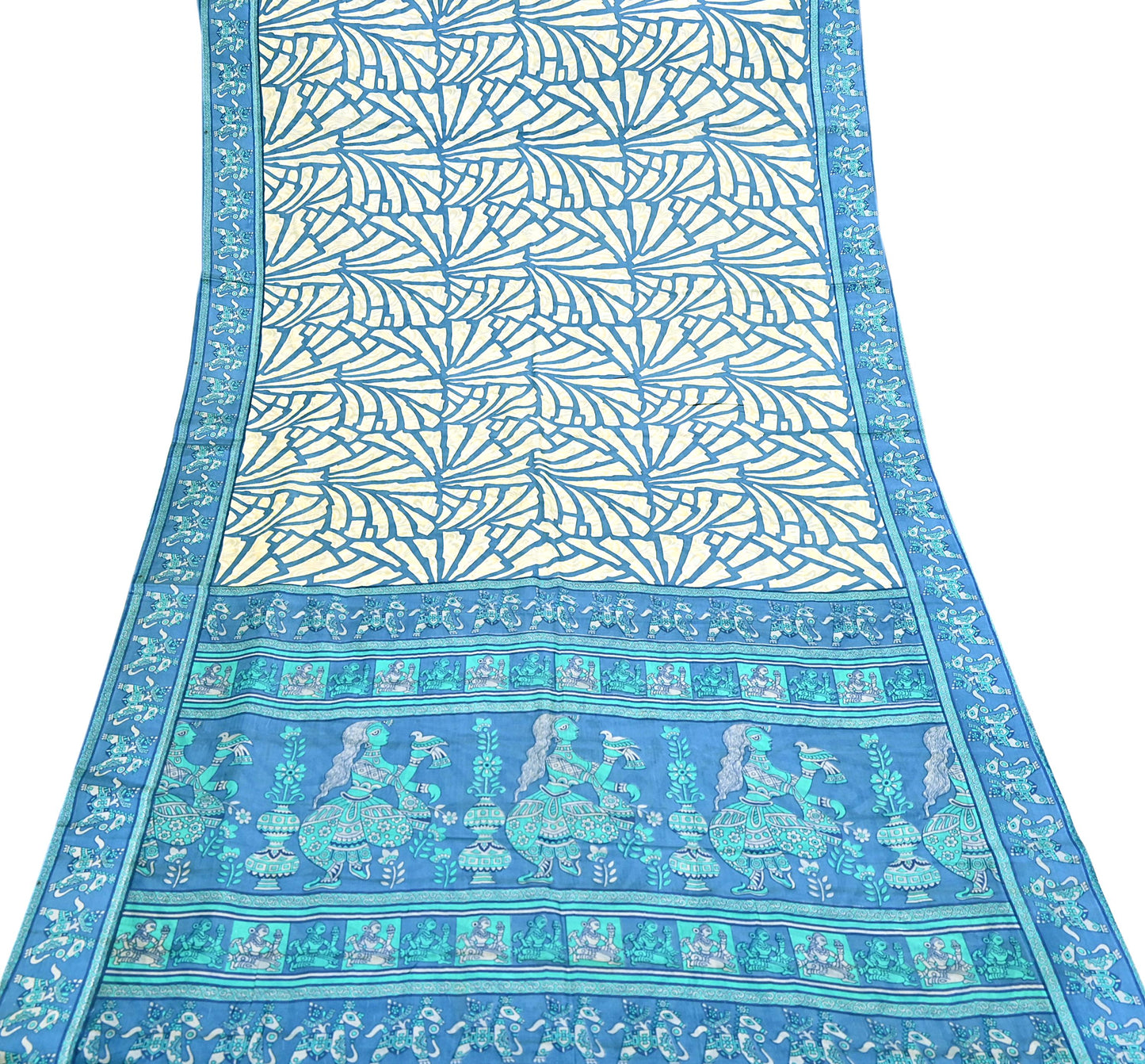 Indian Vintage Sari Ivory & Blue Printed 100% Pure Satin Silk Sarees 5yd Sewing Craft Fabric Dress Making Wrap Upcycle Quilting Crafting