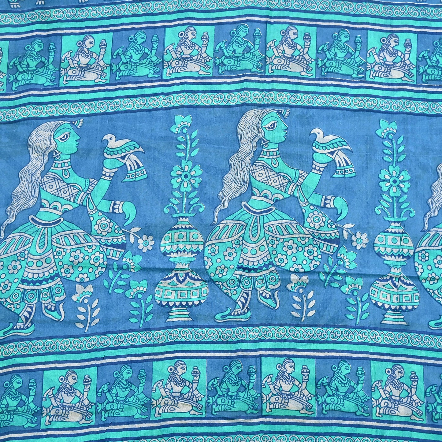 Indian Vintage Sari Ivory & Blue Printed 100% Pure Satin Silk Sarees 5yd Sewing Craft Fabric Dress Making Wrap Upcycle Quilting Crafting