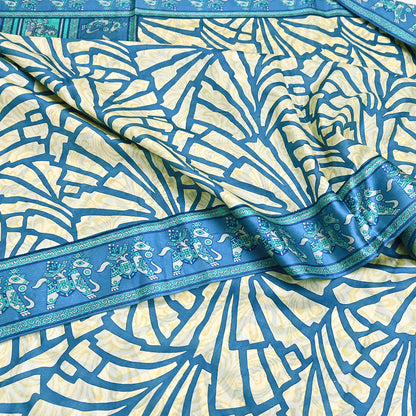 Indian Vintage Sari Ivory & Blue Printed 100% Pure Satin Silk Sarees 5yd Sewing Craft Fabric Dress Making Wrap Upcycle Quilting Crafting