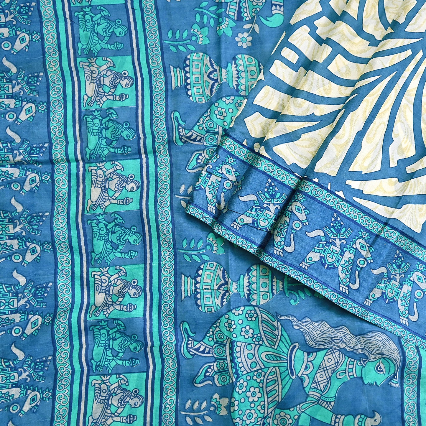 Indian Vintage Sari Ivory & Blue Printed 100% Pure Satin Silk Sarees 5yd Sewing Craft Fabric Dress Making Wrap Upcycle Quilting Crafting