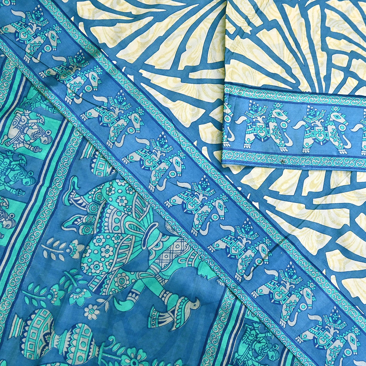 Indian Vintage Sari Ivory & Blue Printed 100% Pure Satin Silk Sarees 5yd Sewing Craft Fabric Dress Making Wrap Upcycle Quilting Crafting