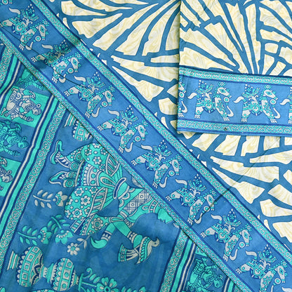 Indian Vintage Sari Ivory & Blue Printed 100% Pure Satin Silk Sarees 5yd Sewing Craft Fabric Dress Making Wrap Upcycle Quilting Crafting