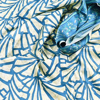 Indian Vintage Sari Ivory & Blue Printed 100% Pure Satin Silk Sarees 5yd Sewing Craft Fabric Dress Making Wrap Upcycle Quilting Crafting