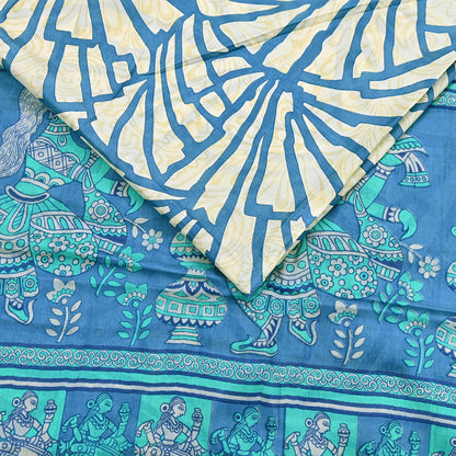 Indian Vintage Sari Ivory & Blue Printed 100% Pure Satin Silk Sarees 5yd Sewing Craft Fabric Dress Making Wrap Upcycle Quilting Crafting