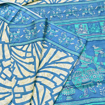 Indian Vintage Sari Ivory & Blue Printed 100% Pure Satin Silk Sarees 5yd Sewing Craft Fabric Dress Making Wrap Upcycle Quilting Crafting