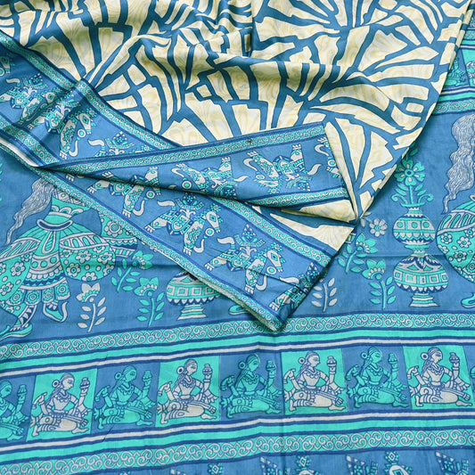 Indian Vintage Sari Ivory & Blue Printed 100% Pure Satin Silk Sarees 5yd Sewing Craft Fabric Dress Making Wrap Upcycle Quilting Crafting