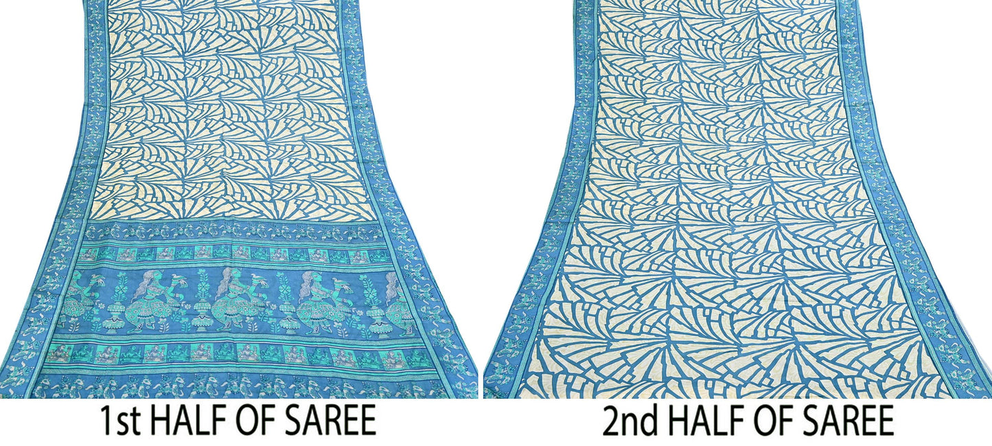Indian Vintage Sari Ivory & Blue Printed 100% Pure Satin Silk Sarees 5yd Sewing Craft Fabric Dress Making Wrap Upcycle Quilting Crafting