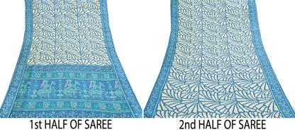 Indian Vintage Sari Ivory & Blue Printed 100% Pure Satin Silk Sarees 5yd Sewing Craft Fabric Dress Making Wrap Upcycle Quilting Crafting