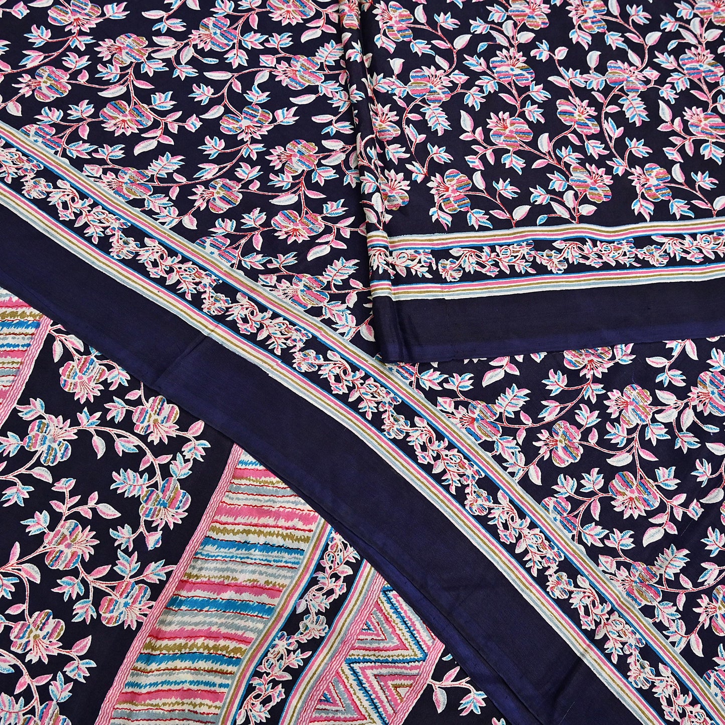 Indian Vintage Sari Blue Pure Silk Printed Saree Fabric 5yard Sewing Craft Fabric DressMaking Wrap Floral