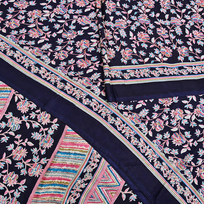 Indian Vintage Sari Blue Pure Silk Printed Saree Fabric 5yard Sewing Craft Fabric DressMaking Wrap Floral