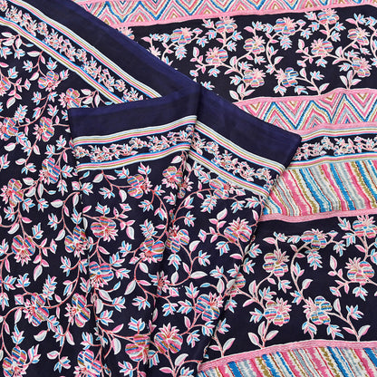 Indian Vintage Sari Blue Pure Silk Printed Saree Fabric 5yard Sewing Craft Fabric DressMaking Wrap Floral