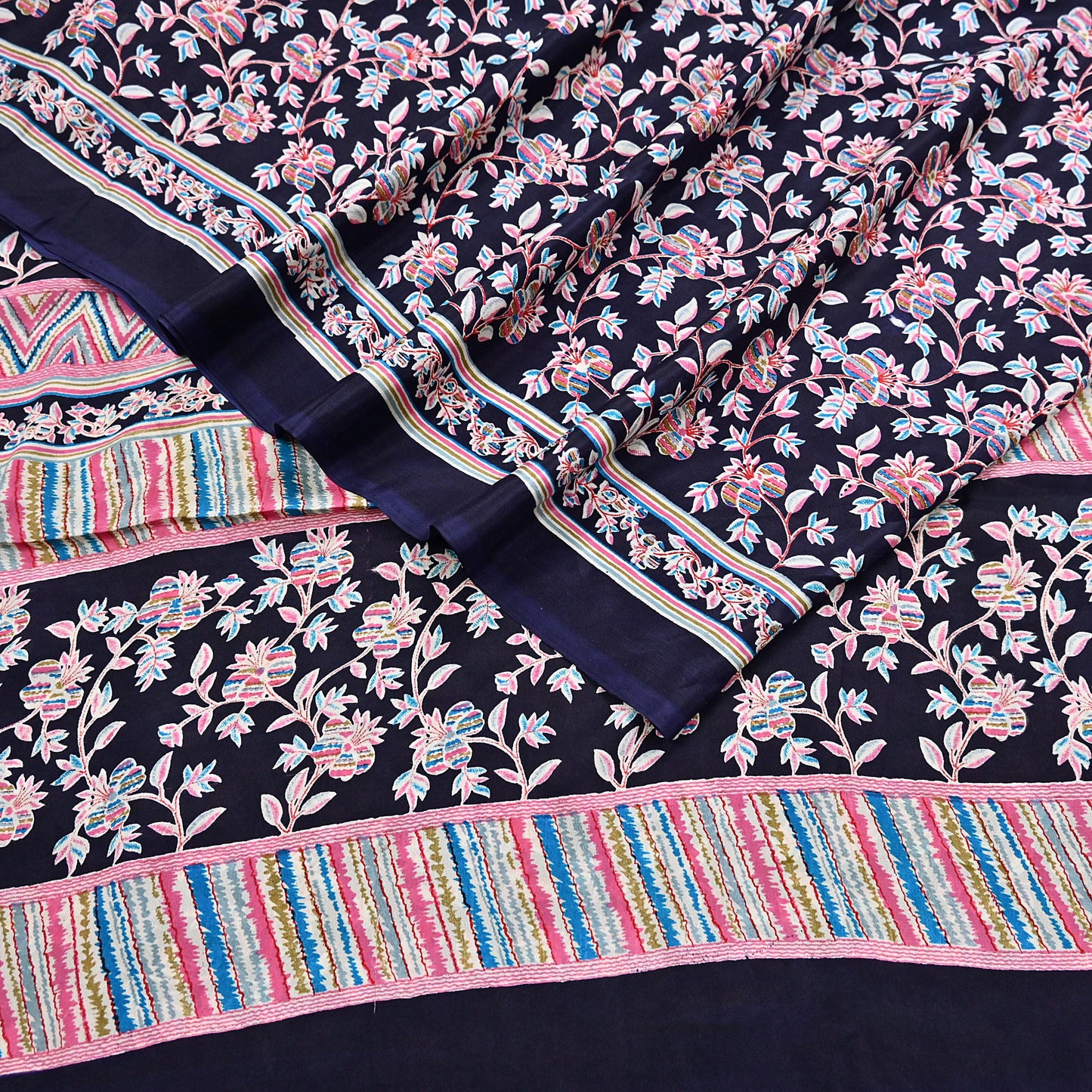 Indian Vintage Sari Blue Pure Silk Printed Saree Fabric 5yard Sewing Craft Fabric DressMaking Wrap Floral