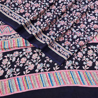 Indian Vintage Sari Blue Pure Silk Printed Saree Fabric 5yard Sewing Craft Fabric DressMaking Wrap Floral