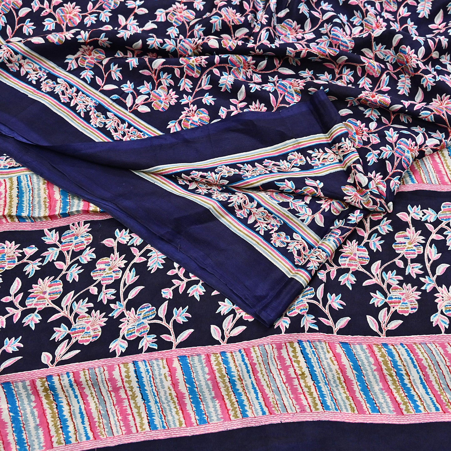 Indian Vintage Sari Blue Pure Silk Printed Saree Fabric 5yard Sewing Craft Fabric DressMaking Wrap Floral