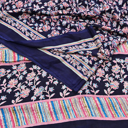 Indian Vintage Sari Blue Pure Silk Printed Saree Fabric 5yard Sewing Craft Fabric DressMaking Wrap Floral