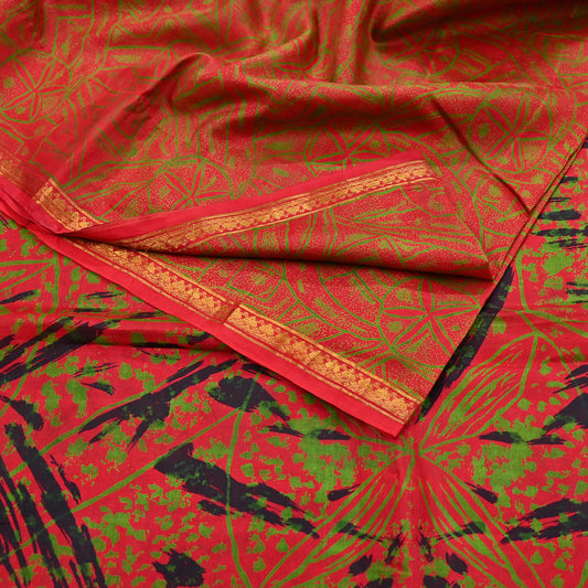 Indian Vintage Sari Red Printed Pure Silk Sarees 6yd Sewing Craft Fabric Soft Dress Making Upcycle Crafting Quilting Used Zari