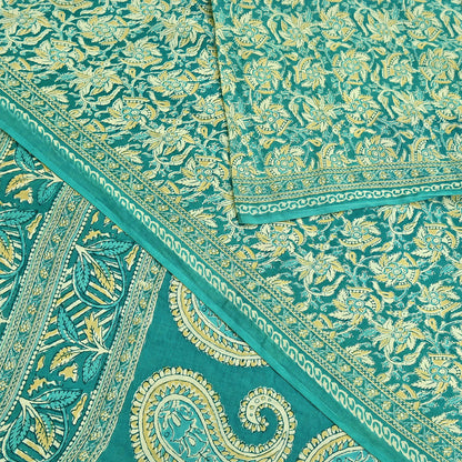 Indian Vintage Green Sarees Pure Cotton Block Printed Sari 5yd Sewing Craft Fabric DressMaking Soft Crafting Quilting Upcycle