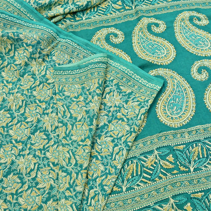 Indian Vintage Green Sarees Pure Cotton Block Printed Sari 5yd Sewing Craft Fabric DressMaking Soft Crafting Quilting Upcycle