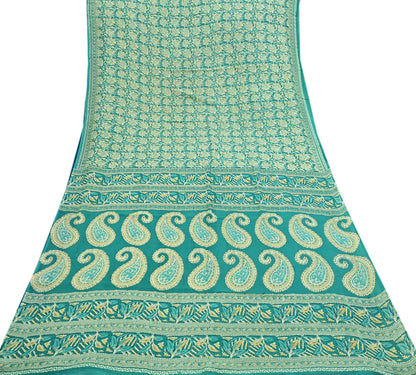 Indian Vintage Green Sarees Pure Cotton Block Printed Sari 5yd Sewing Craft Fabric DressMaking Soft Crafting Quilting Upcycle