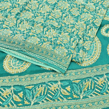 Indian Vintage Green Sarees Pure Cotton Block Printed Sari 5yd Sewing Craft Fabric DressMaking Soft Crafting Quilting Upcycle