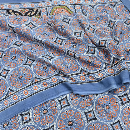 Indian Vintage Sari Blue & Black pure cotton Ajrakh Print Saree 6Yd Fabric Floral Soft Ethnic Upcycle Crafting Dress making