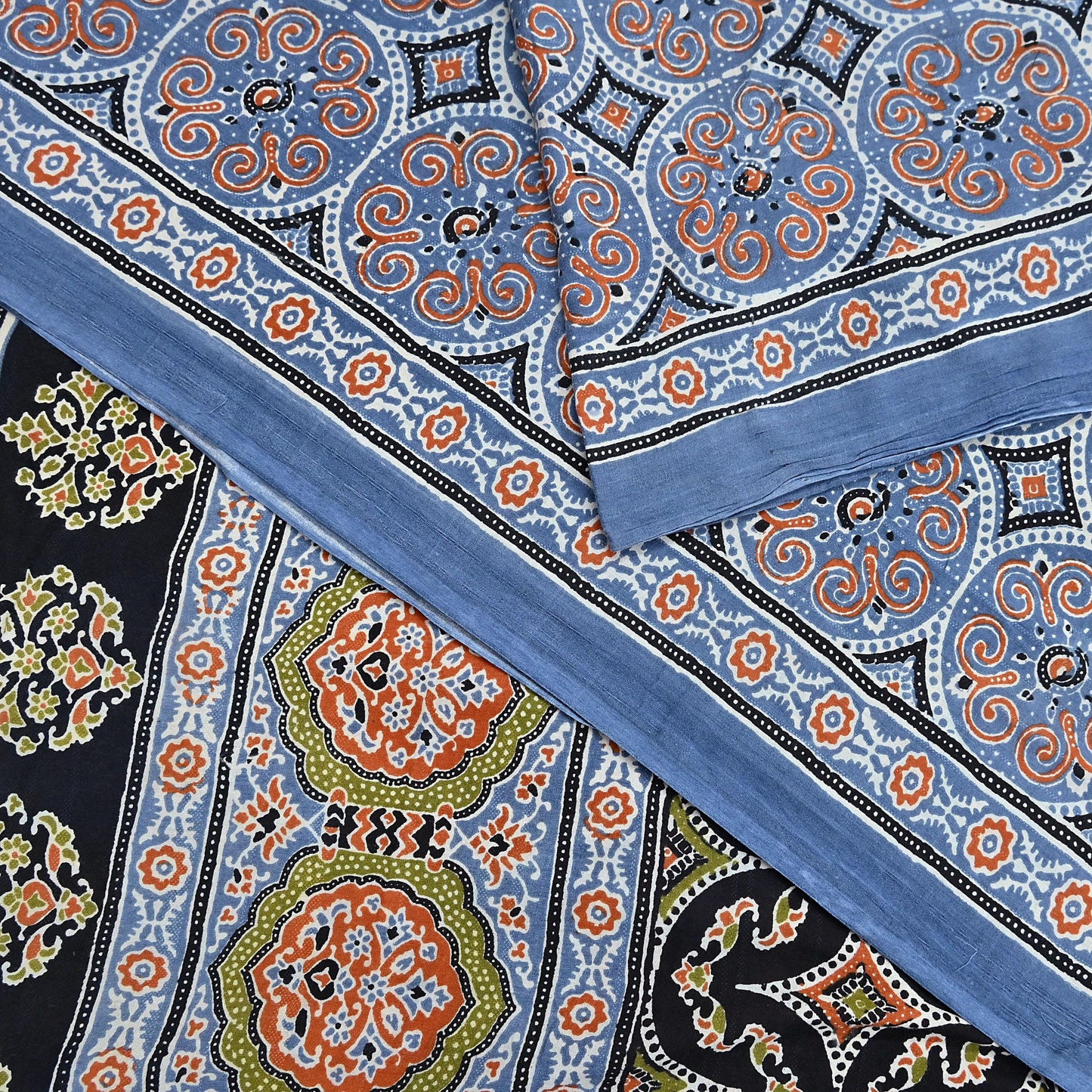 Indian Vintage Sari Blue & Black pure cotton Ajrakh Print Saree 6Yd Fabric Floral Soft Ethnic Upcycle Crafting Dress making