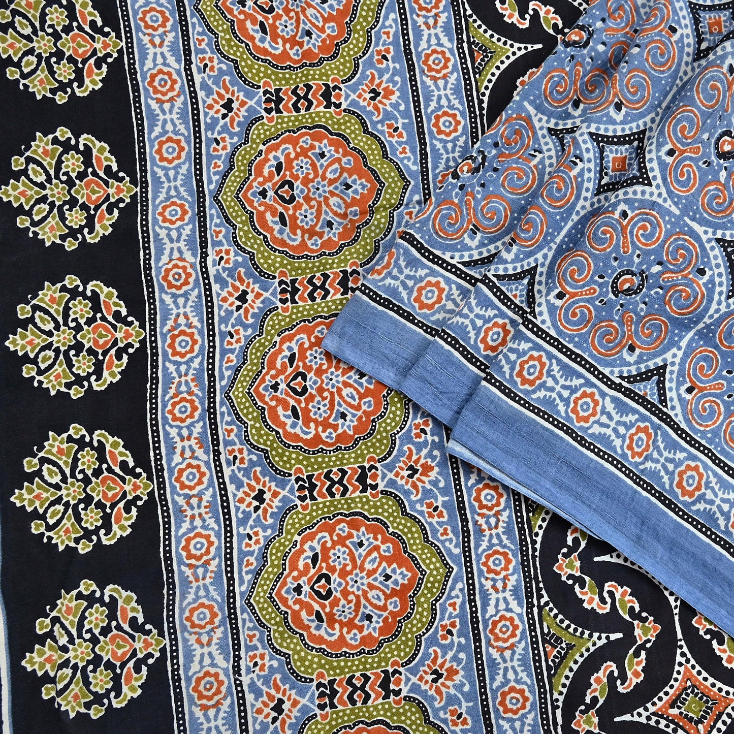 Indian Vintage Sari Blue & Black pure cotton Ajrakh Print Saree 6Yd Fabric Floral Soft Ethnic Upcycle Crafting Dress making