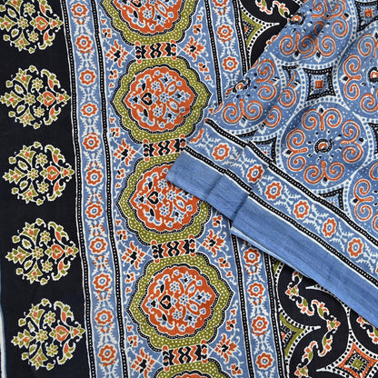 Indian Vintage Sari Blue & Black pure cotton Ajrakh Print Saree 6Yd Fabric Floral Soft Ethnic Upcycle Crafting Dress making