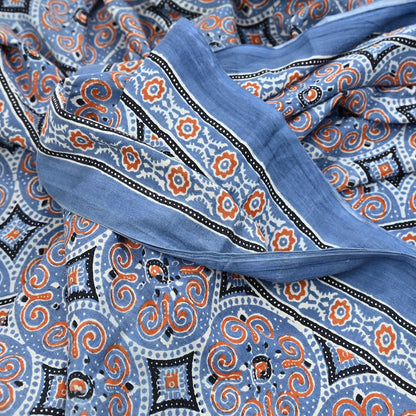 Indian Vintage Sari Blue & Black pure cotton Ajrakh Print Saree 6Yd Fabric Floral Soft Ethnic Upcycle Crafting Dress making