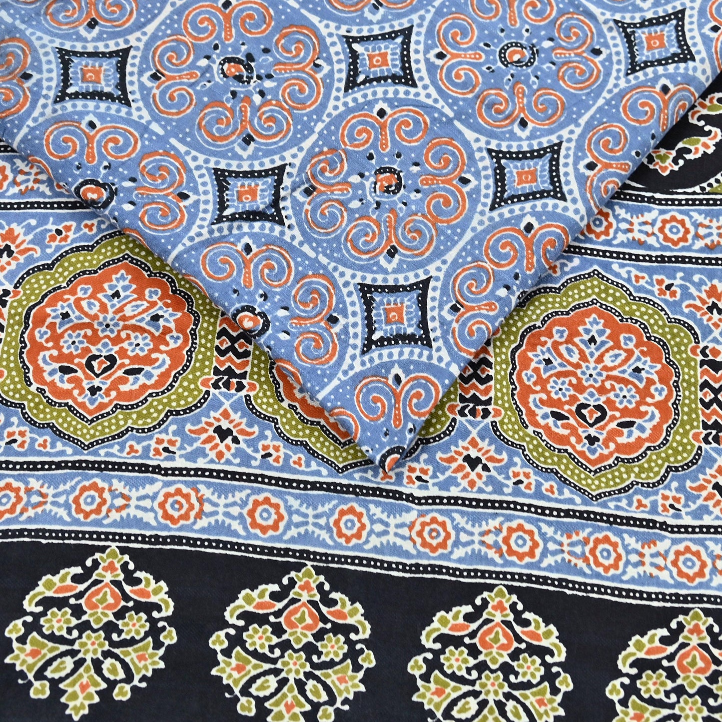 Indian Vintage Sari Blue & Black pure cotton Ajrakh Print Saree 6Yd Fabric Floral Soft Ethnic Upcycle Crafting Dress making