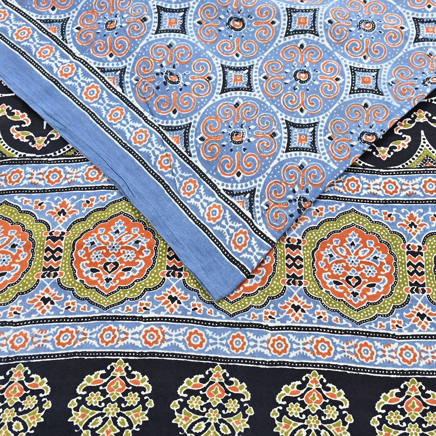 Indian Vintage Sari Blue & Black pure cotton Ajrakh Print Saree 6Yd Fabric Floral Soft Ethnic Upcycle Crafting Dress making