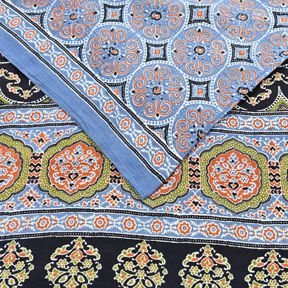 Indian Vintage Sari Blue & Black pure cotton Ajrakh Print Saree 6Yd Fabric Floral Soft Ethnic Upcycle Crafting Dress making