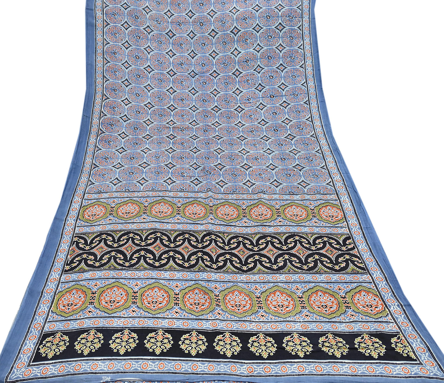 Indian Vintage Sari Blue & Black pure cotton Ajrakh Print Saree 6Yd Fabric Floral Soft Ethnic Upcycle Crafting Dress making