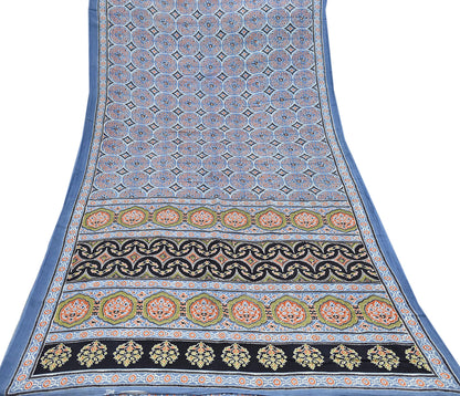 Indian Vintage Sari Blue & Black pure cotton Ajrakh Print Saree 6Yd Fabric Floral Soft Ethnic Upcycle Crafting Dress making