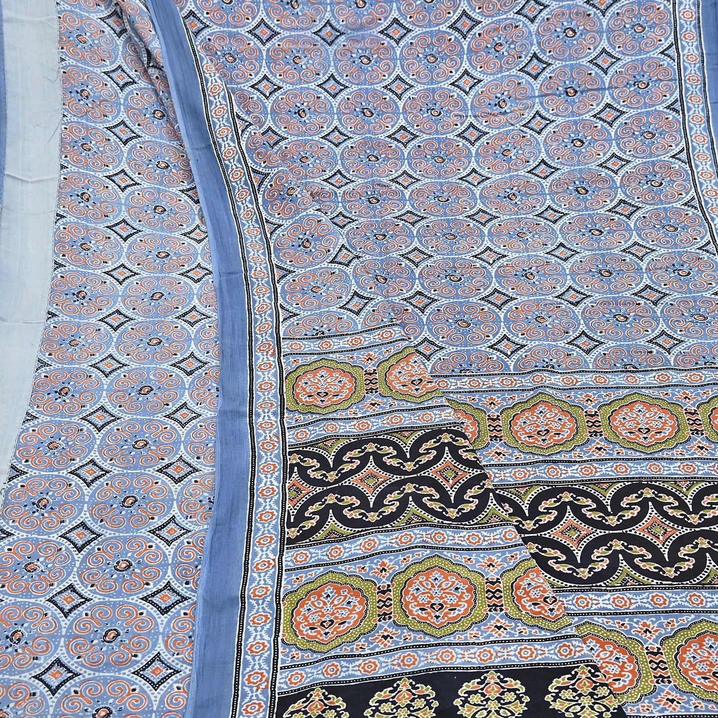 Indian Vintage Sari Blue & Black pure cotton Ajrakh Print Saree 6Yd Fabric Floral Soft Ethnic Upcycle Crafting Dress making