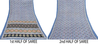 Indian Vintage Sari Blue & Black pure cotton Ajrakh Print Saree 6Yd Fabric Floral Soft Ethnic Upcycle Crafting Dress making