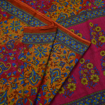 Indian Vintage Sari Pink & Mustard Pure Cotton Printed Sarees Craft Fabric Soft 5Yd Sarong Wrap Boho Fabric Kimono Quilting Crafting Upcycle