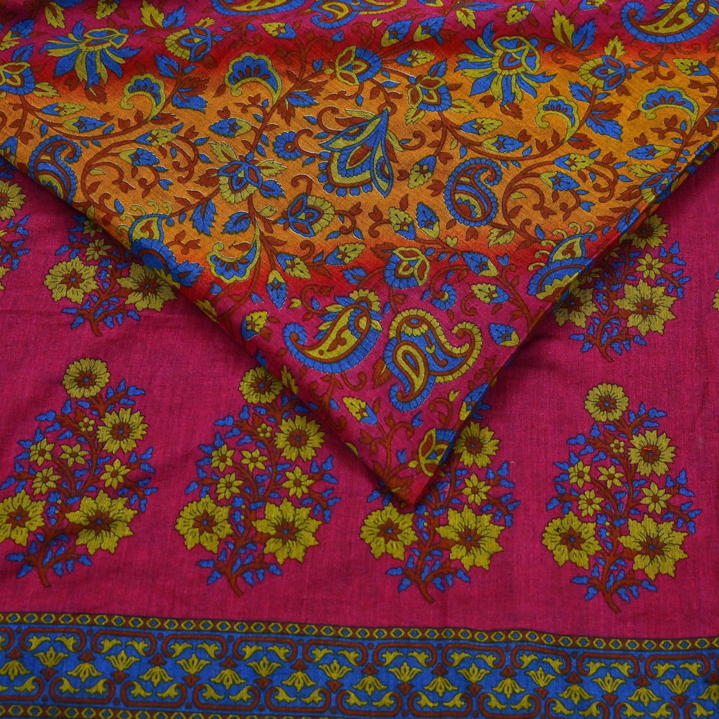 Indian Vintage Sari Pink & Mustard Pure Cotton Printed Sarees Craft Fabric Soft 5Yd Sarong Wrap Boho Fabric Kimono Quilting Crafting Upcycle