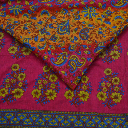 Indian Vintage Sari Pink & Mustard Pure Cotton Printed Sarees Craft Fabric Soft 5Yd Sarong Wrap Boho Fabric Kimono Quilting Crafting Upcycle