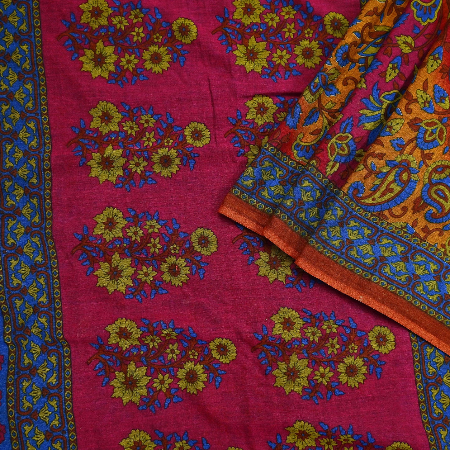 Indian Vintage Sari Pink & Mustard Pure Cotton Printed Sarees Craft Fabric Soft 5Yd Sarong Wrap Boho Fabric Kimono Quilting Crafting Upcycle