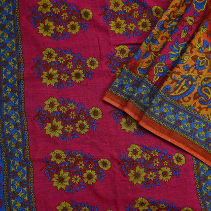 Indian Vintage Sari Pink & Mustard Pure Cotton Printed Sarees Craft Fabric Soft 5Yd Sarong Wrap Boho Fabric Kimono Quilting Crafting Upcycle