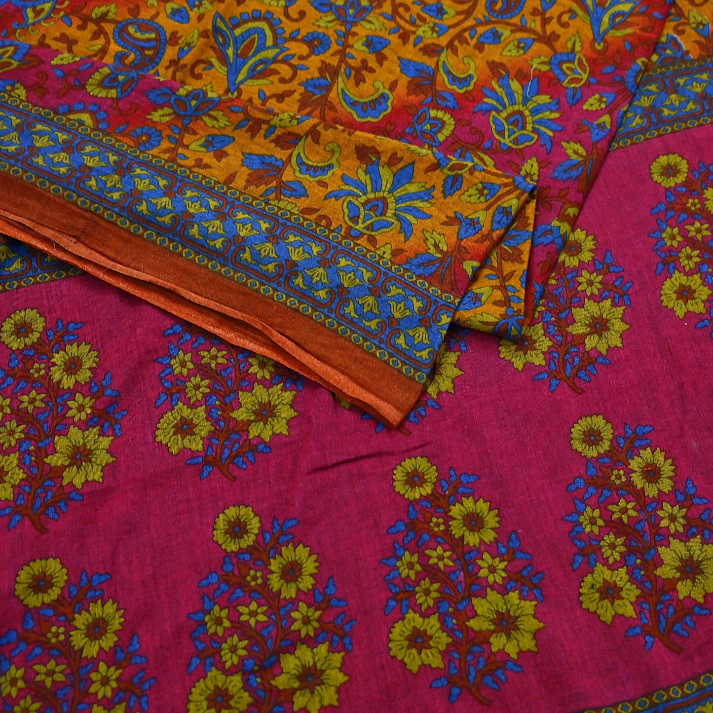 Indian Vintage Sari Pink & Mustard Pure Cotton Printed Sarees Craft Fabric Soft 5Yd Sarong Wrap Boho Fabric Kimono Quilting Crafting Upcycle
