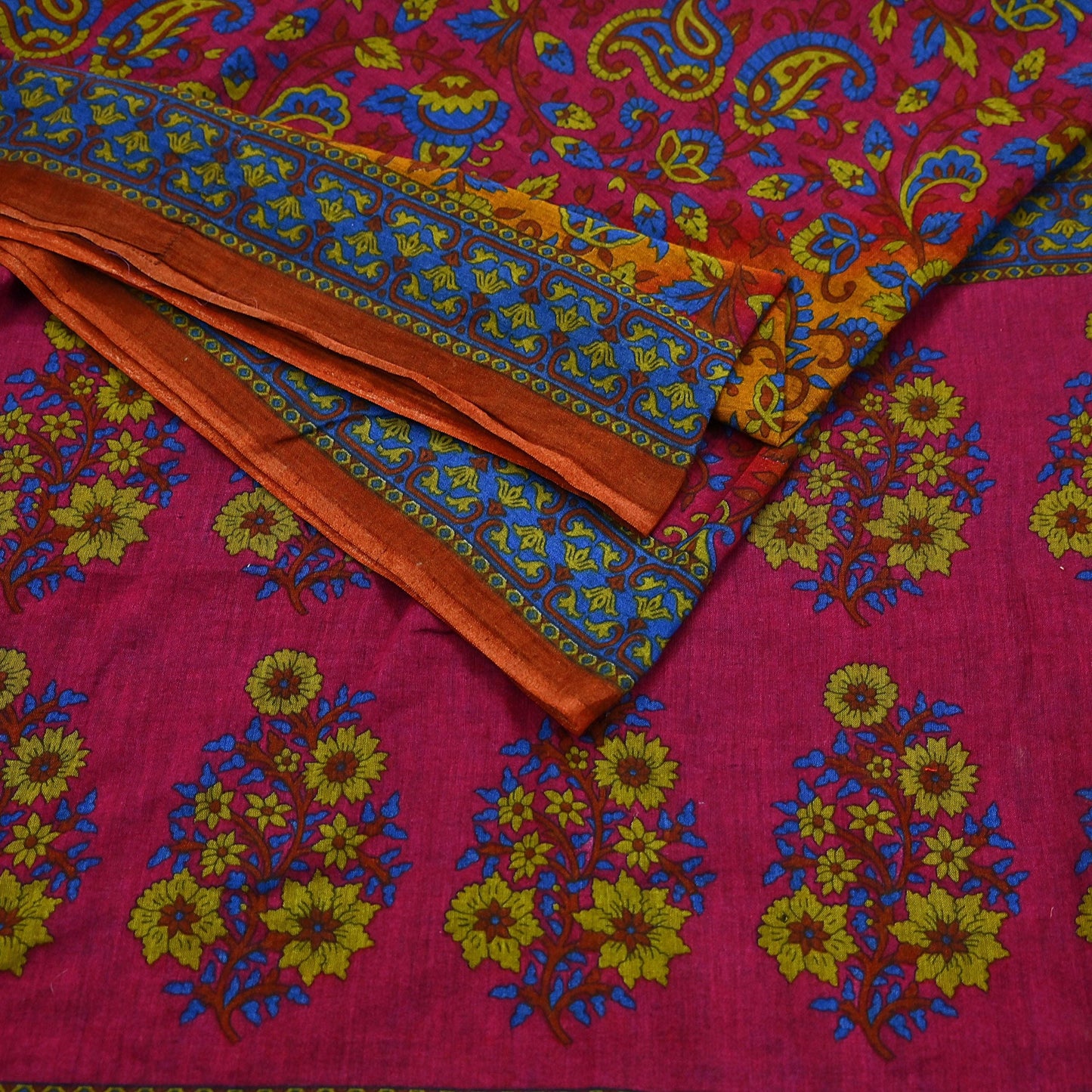 Indian Vintage Sari Pink & Mustard Pure Cotton Printed Sarees Craft Fabric Soft 5Yd Sarong Wrap Boho Fabric Kimono Quilting Crafting Upcycle