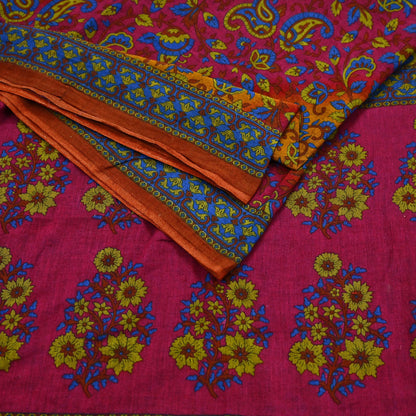 Indian Vintage Sari Pink & Mustard Pure Cotton Printed Sarees Craft Fabric Soft 5Yd Sarong Wrap Boho Fabric Kimono Quilting Crafting Upcycle