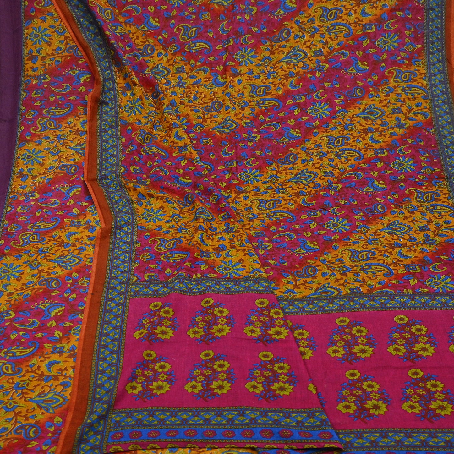 Indian Vintage Sari Pink & Mustard Pure Cotton Printed Sarees Craft Fabric Soft 5Yd Sarong Wrap Boho Fabric Kimono Quilting Crafting Upcycle