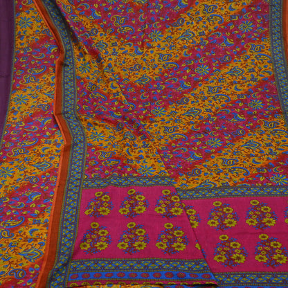 Indian Vintage Sari Pink & Mustard Pure Cotton Printed Sarees Craft Fabric Soft 5Yd Sarong Wrap Boho Fabric Kimono Quilting Crafting Upcycle